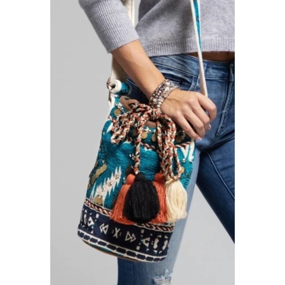 RUGGINE BUCKET BAG Handwoven Coin Pendant and Tassel Boho Tribal Print Bucket